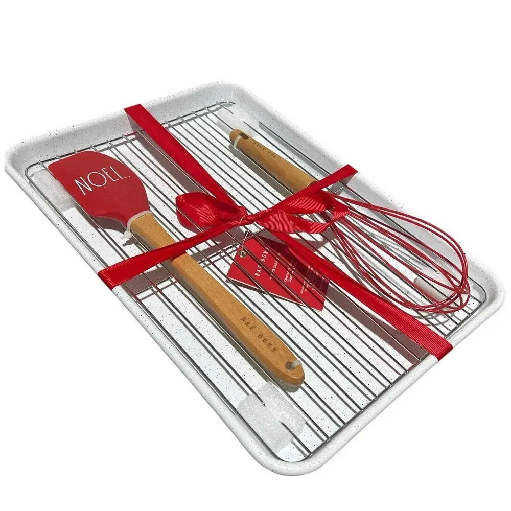 Rae Dunn 4-PC NOEL Baking Set Christmas Gift Spatula Baking Pan Whisk Recipe Red